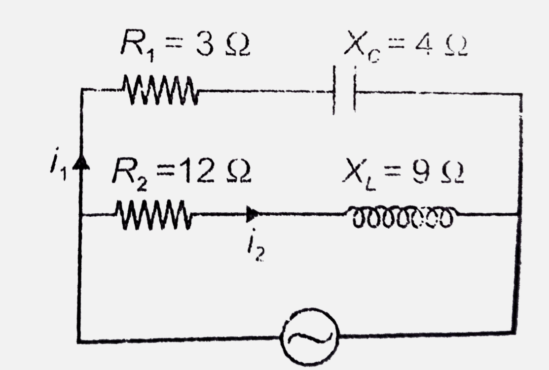 Find the phase difference between i(1) and i(2) in the two branches of the circuit shown.
