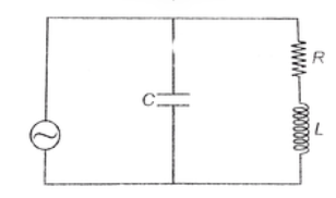 For an A.C. circuit shown in figure, show that the resonance frequency is given by f=(1)/(2 pi) sqrt((1)/(LC)-(R^(2))/(L^(2))).