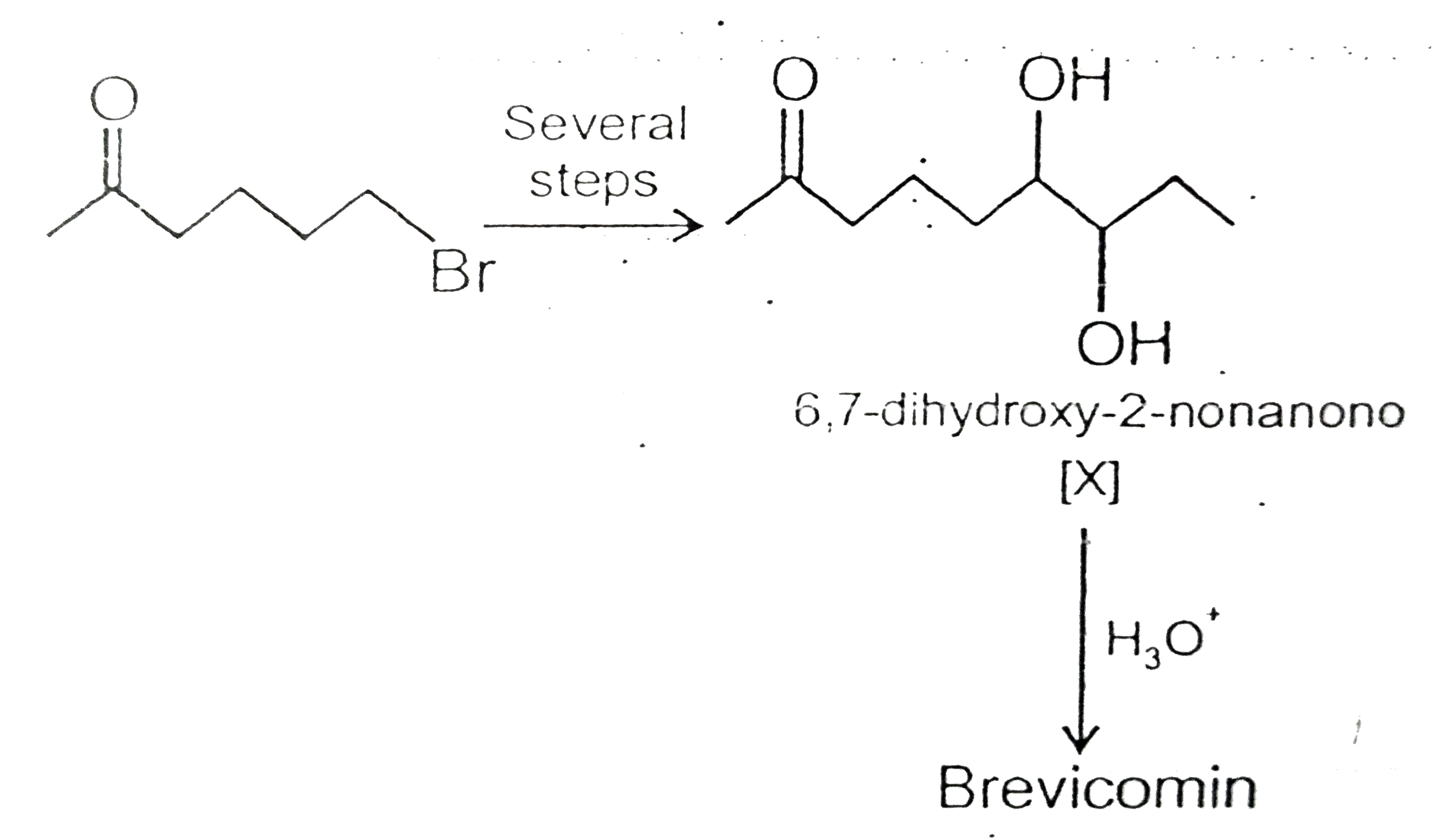 Brvicomin, the aggregation pheromone of the western pine bark beetle, contains a bicylic bridged ring system. Brevicomin is prepared by the acid catalyzed cyclization of 6,7-dihydroxy-2-nonanone.   (i) Suggest a structure for brevicomin.   (ii) Devise a synthesis of 6,7-dihydroxy-2-nonamone from 6-bromo-2-hexanone. You may also use three carbon alcohols and any required organic or inorganic reagents.