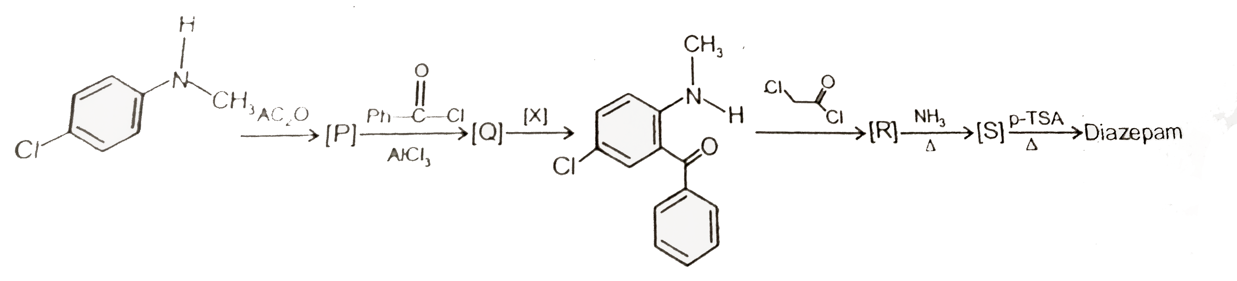 Following is an outline for the synthesis of diazepam. A commonly used tranquilizer.      The reagent [X] in the reaction could be