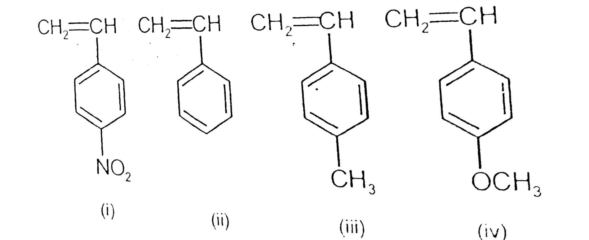 In cationic polymerizalion, the initiator is an electrophile that adds to the alkene, causing it to become a cation. The Initiator most often used in cationic polymerization is a lewis acid. Such as BF(3) or AICI(3) and in anionic polymerization, the iniliator is a nucleophile that reacts with the alkene to form a propagating site that is an anion.   Arrange the following group of monomers of decreasing ability to undergo cationic polymerization