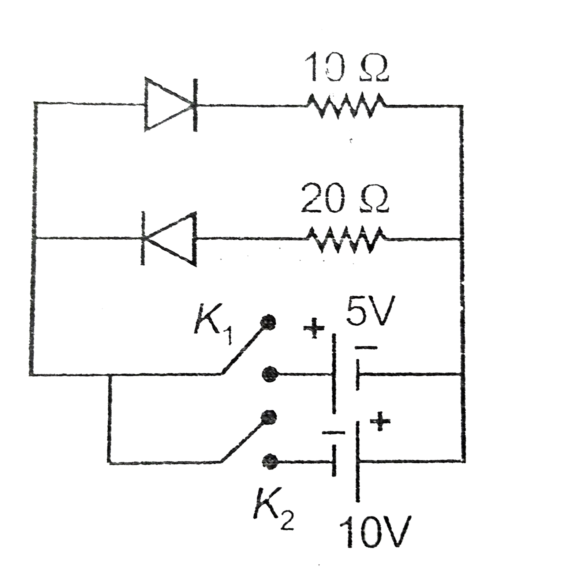 In the given circuit, calculate the ratio of currents through the battery if (1) Key K(1) is pressed, K(2) open and then (2) Key K(2) is pressed, key K(1) is opened