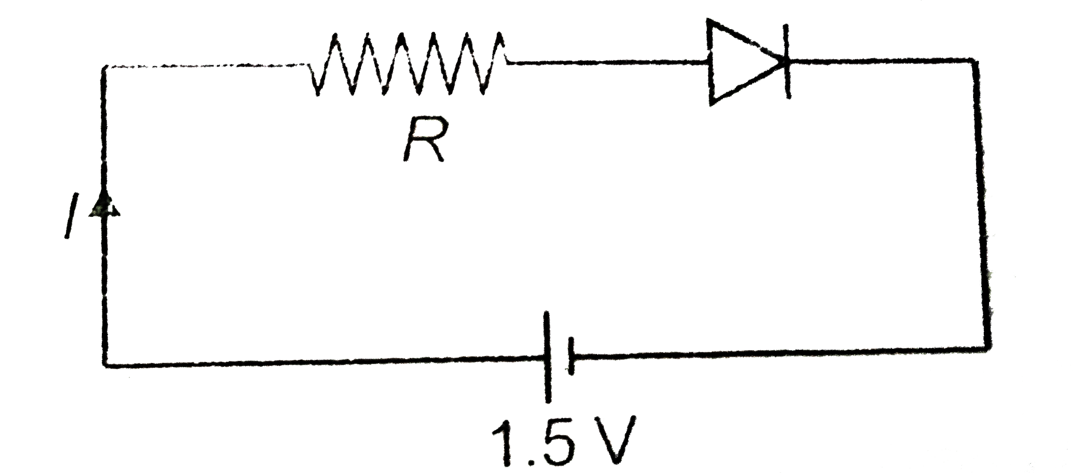 The diode used in the circuit shown in the figure has a constant voltage drop of 0.5 V at all currents and a maximum power rating of 100 mW. What should be the value of the resistor R, connected in series with the diode, for obtaining maximum current put less I. ?