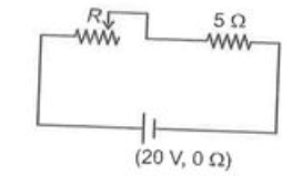 In the circuit shown in the figure , the resistance marked R can be varied by using  a Rheostat. The power across the 5 Omega resistor will be maximum if the  Rhoestat has resistance equal to