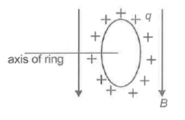 As shown in figure there is a ring having radius R and charge q distributed uniformly over it. If ring is rotated with a constant angular velocity @, then torque acting on the ring due to magnetic force is (Assume that magnetic field B is parallel to plane of ring)