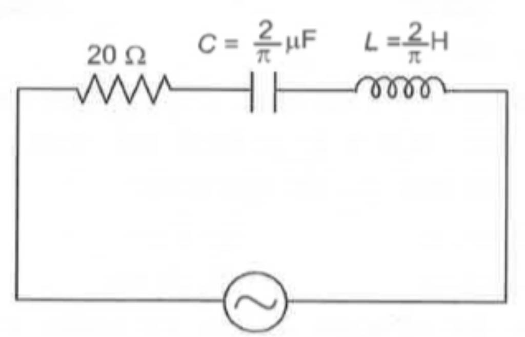 In an AC circuit as shown in the figure, the source is of r.m.s voltage 200 V and variable frequency. At resonance, the circuit
