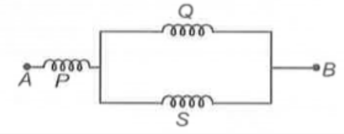 Three identical inductors are connected as shown in the figure. At the instant when current in inductor P is increasing at the rate of 0.0320 As^(-1) then magnitude of induced emf in it is 0.080 V. The equivalent inductance between the points A and B will be