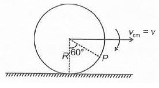 A cycle tyre of mass M and radius R is in pure rolling over a horizontal surface. If the velocity of the centre of mass of the tyre is v, then the velocity of point P on the tyre, shown in figure is