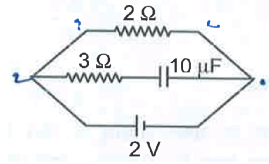 The charge on the capacitor of capacitance 10 muF in steady state condition in the circuit shown is