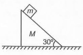 A block of mass m is placed on hthe top of bigger wedge M. All the surfaces are frictionless. The system is released from rest. Find the distance moved by smaller block (w.r.t  triangular wedge) when bigger wedge travles distance X on plane surface