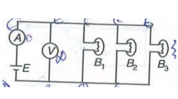 Three identical bulbs are connected in parallel across in ideal source of emf E. The ammeter A and voltmeter V are ideal. If bulb (B3) gets fused, then