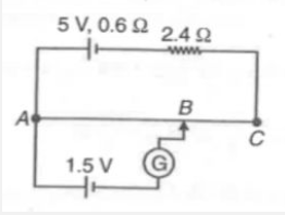 A simple potentiometer circuit is shown in the figure. The internal resistance of 5 V battery   is 0.6 Omega wire of length 4 m and resistance 0.5 Omega per meter. The length AB for which galvanometer shows zero deflection is