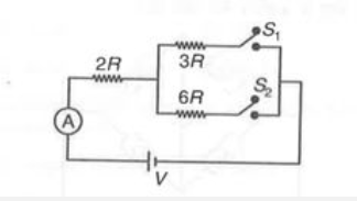 In the circuit shown in the figure, reading of ammeter is I1 when only S1 is closed, reading of of ammeter is is I2 when only S2 is closed and reading of Ammeter,is I3 when both S1 and S2 are closed then .