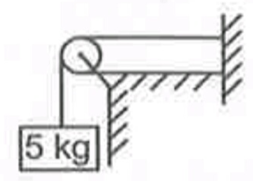A block of mass 5kg is hung with the help of light string which is passing over an ideal pulley as shown as in figure.The force is  exerted by the clamp on the pulley will be (g= 10 m/s^2)