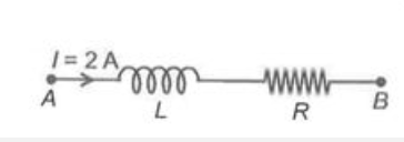 In an AC subcircuit as shown in figure, the resistance R=1omega. At a certain instant VA-VB=2 V and current is increasing at the rate of (dl) /dt=10 A/s. The inductance of the coils is