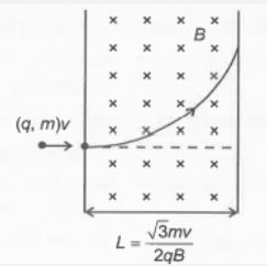 A charge particle of mass m and charge q enters in a region of uniform magnetic field as shown in figure.The magnitude of change in linear momentum due to magnetic field will be