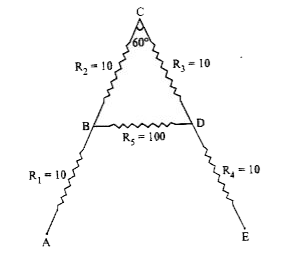 A letter  'A'  consists  of a  uniform  wire  of resistance 'A'  one ohm per  Cm .The sides of  the  lertter  are each  20 Cm  long  and crosspiece  in the  middle is 10 Cm  long  while   the paex  angle is 60^(@)  .Find  the  resistance  of the letter  between  two  ends  of the legs A  and E  as shown in figure  given  below .