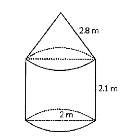 In the figure, a tent is in the shape of a cylinder surmounted by a conical top. The cylindrical part is 2.1 m high and conical part has slant height 2.8 m. Both the parts have same radius 2m. Find the area of the canvas used to make the tent. (Use pi = (22)/(7))