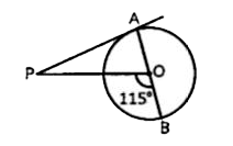 In the figure, PA is a tangent from an external point P to a circle with centre O. If anglePOB = 115^(@), find angleAPO.