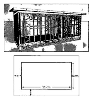 Tata Steels is going to make frames as part of a new warehouse they are setting up for amazon fulfilment projects. To manage detailing, fabrication and construction of steel framing projects can be challenging. For which, they are using a 3D CAD software to create a constructible model that includes the relevant information such as dimensions of the warehouse and material needed.   The frame will have a solid base and will be cut out of a piece of steel, and to keep the weight down, the final area of the frame should be 28 sq cm.   In order to input the right values in the CAD software, the engineer need to calculate some basic things.      If the width of the frame is 'x' cm, then the dimensions of the outer frame are: