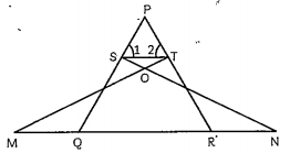 In the figure, if angle 1 = angle 2 and triangle NSQ = triangle MTR, then prove that triangle PTS ~ triangle PRQ.