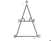 In the figure, angle D = angle E and (AD)/(DB)=(AE)/(EC), prove that BAC is an isosceles triangle.