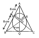 In the figure the radius of the circle of triangle ABC of area 84 cm^2 is 4 cm and the lenghts of the segment AP and BP into which side AB is divided by the point of contact P are 6 cm and 8 cm. find the lengths of the sides AC and BC.
