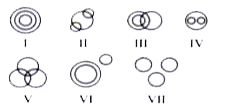 निम्नलिखित प्रत्येक प्रश्न में वस्तुओं के तीन समूह दिए गए हैं जिनका सात डायग्राम ( I से VII) में से किसी एक के साथ तदनुरूप परस्पर सम्बन्ध है। प्रत्येक प्रश्न के अंत में दिए गए विकल्पों में से सही उत्तर का चयन कीजिए।      चन्द्रमा, पृथ्वी, ब्रह्माण्ड