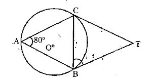 दी गई आकृति में O   वृत्त का केन्द्र है। TC तथा TB वृत्त की स्पर्श रेखाएँ हैं। यदि angleBAC = 80^@  हो, तो angleCTB  होगा -