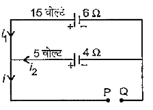 नीचे दिए गए विद्युत परिपथ में सेलो के विद्युत वाहक  बल और आंतरिक प्रतिरोध प्रदर्शित है P,Q बिन्दुओ के बीच विभवांतर है -
