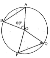 चित्र में, O वृत्त का केन्द्र है| AB = PQ और angleAOB = 88^@, तो angleOQP का मान होगा -