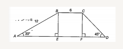 In a trapezium ABCD, angleBAC=30^(@), angle CDF=45^(@), BC=6cm