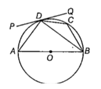 In the adjoning figure O is the centre of the circle and AB is the diameter. Tangent PQ touches the circle at D. angleBDQ=48^@. Find the ratio of angleDBA:angleDCB.