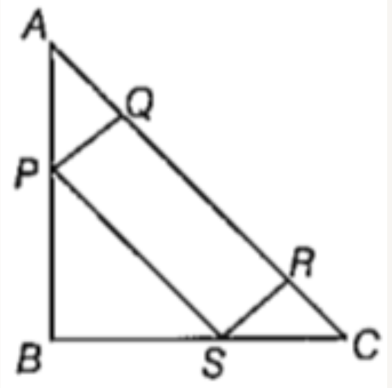 In the given diagram triangleABC is an isosceles right angled triangle, in which a rectangle is inscibed in such a way that the length of the rectangle in twice of breadth. Q and R lie on the hypotenuse and P, S lie on the two different smaller sides of the triangle. what is the ratio of the areas of the rectangle and that of triangle?