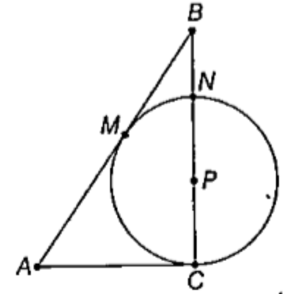 In the following figure one side of the triangleABC passes through the centre P of the circle and the other two sides of this triangle are tangents to this circle. If BN=2 cm and AC=6 cm, find the radius of the circle.