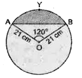 आकृति में दर्शाए गए वृत्तखंड का क्षेत्रफल ज्ञात कीजिए, यदि वृत्त की त्रिज्या 21 cm है और angleAOB = 120^(@) है।