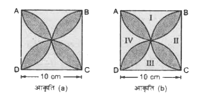 आकृति (a) में, छायांकित डिजाइन का क्षेत्रफल ज्ञात कीजिए, जहाँ ABCD भुजा 10 cm का एक वर्ग है तथा इस वर्ग की प्रत्येक भुजा को व्यास मानकर अर्धवृत्त खींचे गए हैं। ( pi = 3.14 का प्रयोग कीजिए।)