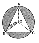 एकवृत्ताकार मेजपोश, जिसकी त्रिज्या 32 cm है, में बीच एक समबाहु त्रिभुज ABC छोड़ते हुए एक डिजाइन बना हुआ है, जैसा कि आकृति में दिखाया गया है। इस छायांकित डिजाइन का क्षेत्रफल ज्ञात करें।