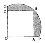 आकृति में एक चतुर्थांश OPBQ के अंतर्गत एक वर्ग OABC बना हुआ है। यदि OA = 20 cm है, तो छायांकित भाग का क्षेत्रफल ज्ञात करें। ( pi = 3.14 लें।)