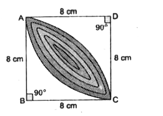 आकृति में छायांकित डिजाइन का क्षेत्रफल ज्ञात करें,जो 8 cm त्रिज्याओं वाले दो वृत्तों के चतुर्थाशों के बीच उभयनिष्ठ है।