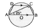 दी गई आकृति में AB, वृत्त का व्यास तथा बिन्दु O वृत्त का केन्द्र है। यदि AB||DC एवं angleCAB=25^(@) हो तो (i) angleABC (ii) angleDCA का मान प्राप्त करे।