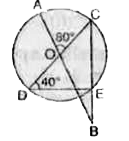 बगल के चित्र में रेखाएँ AB एवं CD वृत्त के केन्द्र O से होकर गुजरती है। यदि angleAOC=80^(@), angleCDE=40^(@) हो तो (i) angleDCE एवं (ii) angleABC का मान का मान प्राप्त करे।