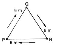 PQR एक ऐसे त्रिभुजाकार पथ है  जिसके प्रत्येक भुजा की लंबाई 6 m है। बबली बिन्दु P से चलकर Q और R होते हुए पुनः P पर 3 सेकेण्ड  के बाद पहुँचती है।  बबली की चाल एवं का वेग मान ज्ञात करें।