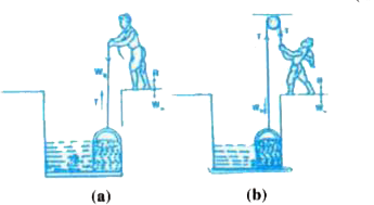 A man wants to draw a bucket full of water in two different ways. As shown in figure 'a' he draws the bucket directly and as shown in figure (b) he uses a pulley. The weight of the man is 50kg and the bucket with full water weighs 25kg. Find the action on the floor by the man in the two cases. (Take g=10ms^(-2)).