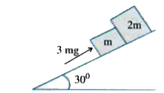 Two block of masses m and 2m are kept on a smooth inclined plane and the system is pushed using force 3mg as shown. Find the contact force between those two blocks