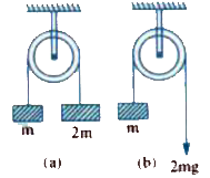 The pulley arrangements of figures (a) and (b) are identical. The mass of the rope is negligible. In figure (a), the mass m is lifted up by attaching a mass 2m to the other end of the rope. In figure(b), m is lifted up by pulling the other end of the rope with a constant downward force F = 2 mg. Calculate the accelerations in the two cases.