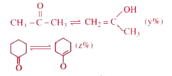 The relation between the keto contens x, y, z in percentage should be   CH(3)-CHO hArr CH(2)=CH-OH…..(x%)   CH(3)-overset(O)overset(||)(C)-CH(3)hArr CH(2)