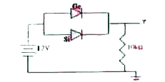 Two junction diodes, one of germanium (Ge) and other of silicon (Si) are connected as shown in fig to a battery of 12V and a load resistance 10kOmega. The germanium diode conducts at 0.3V and silicon diode at 0.7V. When current flows in the circuit, the potential of terminal Y will be