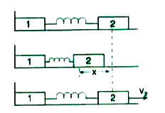 Two bars of masses .m(1). and .m(2). connected by a weightles spring of stiffness constant K as shown in figure, rest on a smooth horizontal plane. Bar 2 is shifted through a small distance x to the left and then released. Find the velocity of the centre of mass of the system after bar 1 breaks off the wall.