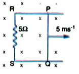 Figure shows a conducting rod PQ in contract with metal rails RP and SQ, which are 0.25m apart in a uniform magnetic field of flux density 0.4T acting perpendicular to the plane of the paper. Ends R and S are connected through a 5Omega resistance. What is the emf when the rod moves to the right with a velocity of 5ms^(-1) ? What is the magnitude and direction of the current through the 5Omega resistance ? If the rod PQ move to the left with the same speed, what will be the new current and its direction